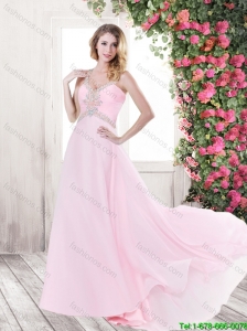 2016 Exquisite Latest Beading Baby Pink Prom Dresses with Brush Train
