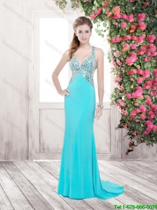 Beautiful Fashionable Cheap Aqua Blue Straps Prom Dresses with Criss Cross