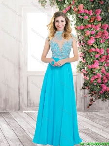 Elegant Discount New Style Open Back High Neck Prom Dresses with Cap Sleeves