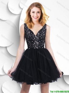 2016 Beautiful Fashionable Perfect Beaded and Laced V Neck Prom Dresses in Black