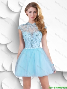2016 Best Selling Pretty Cap Sleeves High Neck Short Prom Dresses with Beading