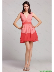 2015 New Style V Neck Belt and Ruched Prom Dresses in Multi Color