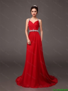 2015 Popular Halter Top Beaded Red Prom Dresses with Brush Train
