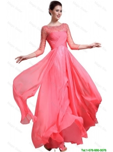 Beautiful Bateau Coral Red Prom Dresses with 3/4-length Sleeves