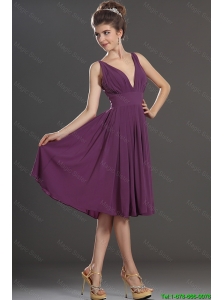 2015 Perfect V Neck Short Prom Dresses in Eggplant Purple