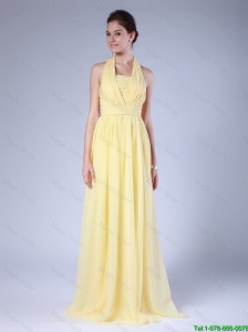 New Arrivals Halter Top Yellow Prom Dresses with Brush Train 2015