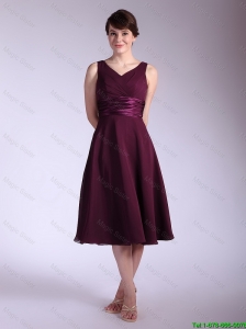 Perfect V Neck Tea Length Prom Dresses with Ruching