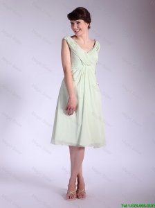 Popular V Neck Ruched Prom Dresses with Tea Length