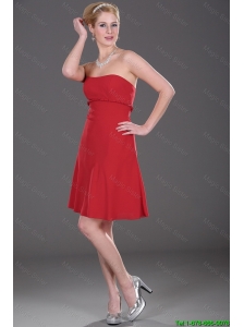 Cheap Mini Length Strapless Red Prom Dresses with Ruching