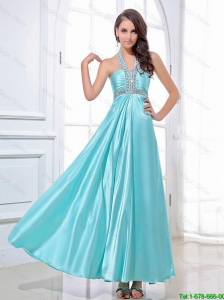 Gorgeous Halter Top Beading Ankle Length Aqua Blue Prom Dresses