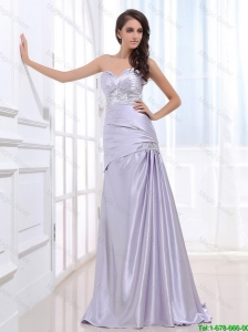 Beautiful Column Elastic Woven Satin Prom Dresses with Beading