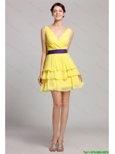 Best Selling Short V Neck Ruffled Layers Prom Gown in Yellow