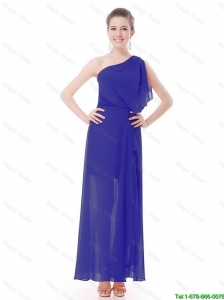 Pretty One Shoulder Blue Prom Dresses with High Slit 2016
