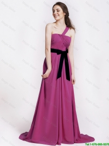 Comfortable One Shoulder Ruching and Belt Hot Pink Prom Dress for 2016