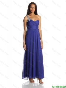 Sexy Empire One Shoulder Ankle Length Chiffon Prom Dresses in Blue 2016