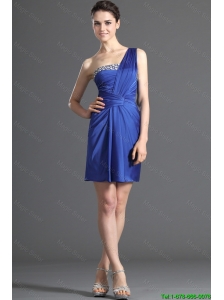 2016 Custom Made One Shoulder Short Beading Prom Dresses in Royal Blue