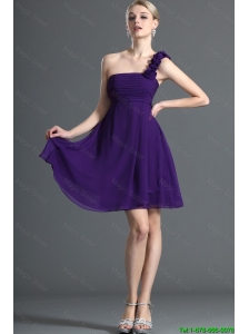 2016 Modest One Shoulder Purple Short Prom Dress with Hand Made Flowers