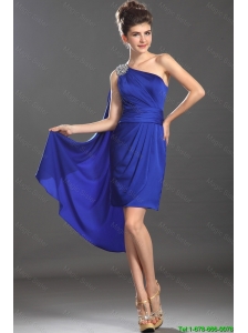 Beautiful Column One Shoulder Blue Prom Dresses with Beading