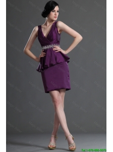Most Popular V Neck Short Eggplant Purple Prom Dresses with Beading