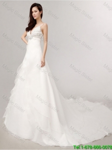 Romantic A Line Spaghetti Straps Court Train Wedding Dress with Beading