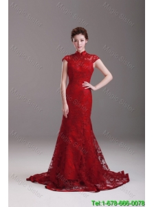 Exquisite Cap Sleeves Mermaid Wine Red Wedding Dresses with Brush Train