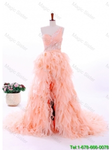 Romantic A Line One Shoulder Ruffles Wedding Gowns in Watermelon Red