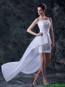 Affordable Column One Shoulder High low Wedding Dresses with Appliques