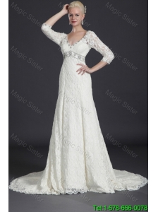 Beautiful Empire Lace White Long Wedding Dresses with Court Train for 2016