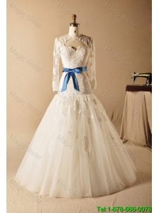Custom Made A Line High Neck Appliques Wedding Dresses with Ribbons