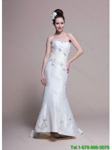 Mermaid Strapless Brush Train Romantic Wedding Dresses with Appliques