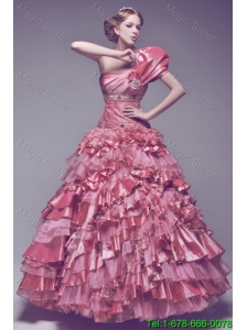Beautiful One Shoulder Rose Pink Wedding Dresses with Beading and Ruffles