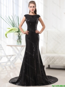 Beautiful Column Bateau Brush Train Sequins Prom Dresses in Black 2016