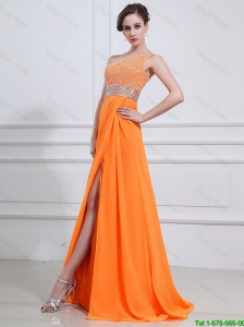 Exquisite Beading and High Slit Orange Prom Dresses with Brush Train 2016