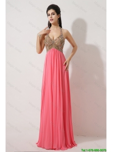 Gorgeous Halter Top Brush Train Prom Dresses in Watermelon Red