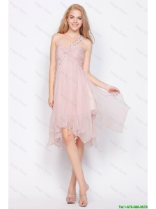 Luxurious One Shoulder Beading Prom Dresses in Light Pink