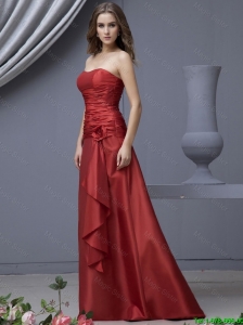Popular Column Strapless Prom Dresses with Ruching and Hand Made Flowers