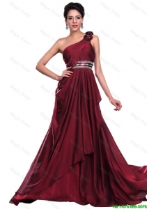 Wine Red Long Prom Dress with Beading and Hand Made Flowers