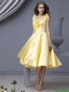 Junior V Neck Yellow Short Prom Dresses with Ruffles for 2015 Autumn