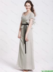 Latest Straps Sash and Ruchede Prom Gowns in Grey