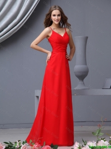 Simple Empire Spaghetti Straps Ruching Red Prom Dresses
