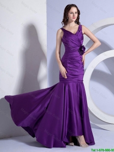 Beautiful Column V Neck Prom Dresses with Hand Made Flowers