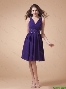 Comfortable V Neck Beading Short Prom Dress in Eggplant Purple