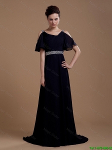 Pretty Empire Straps Prom Dresses with Brush Train in Navy Blue