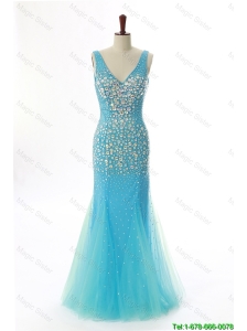 Pretty Sexy Mermaid V Neck Backless Beading Long Prom Dresses for 2016