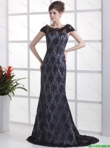 Junior Column Lace Black Prom Dresses with Brush Train