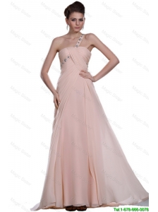 Junior  Beaded Brush Train Prom Gowns with One Shoulder