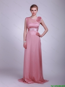 2016 Modest Hand Made Flowers and Belt Prom Dress in Pink