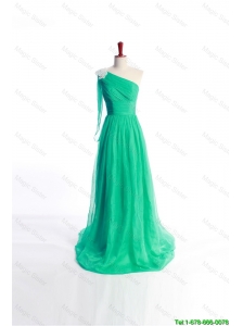 Cheap Affordable Appliques Green Long Prom Dress with Sweep Train for 2016