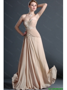 Classical Long Champagne Prom Dresses with Appliques