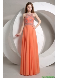 Elegant Beaded Empire Orange Prom Dresses with Halter Top